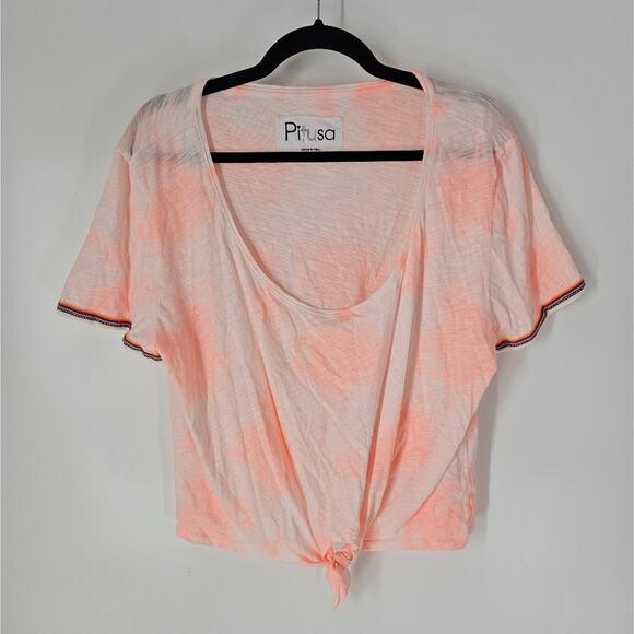 Pitusa Pink Dye Scoop Neck Embroidered Front Tie Short Sleeve Top L - Picture 1 of 7